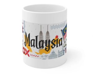 A coffee mug with a print from Malaysia