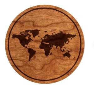 A wooden coaster with a print of the map of the world