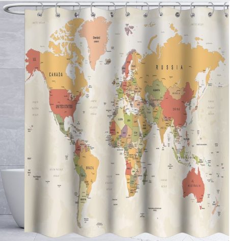 Shower curtain with a print of the world map