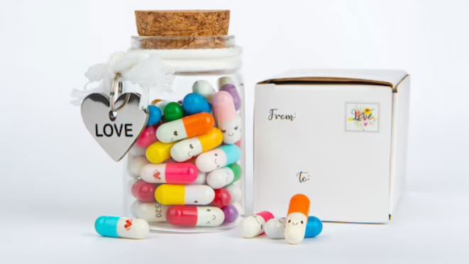 A jar of self-made pills with personalized messages