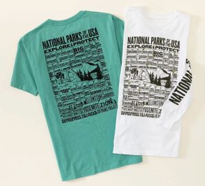 Two t-shorts with a checklist of all US national parks