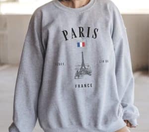 Grey sweatshirt with "Paris, France" and the Eiffel Tower