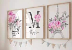 Set of three wall posters in pink and flowers and with typical Paris style