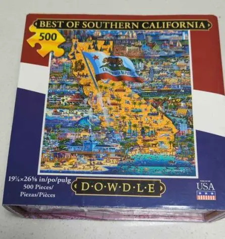 Box of a jigsaw puzzle of Southern california