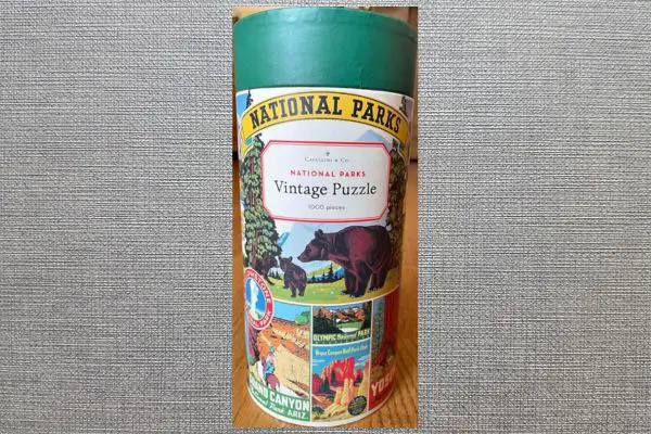 A box with a pieces for a jigsaw puzzle of US National parks