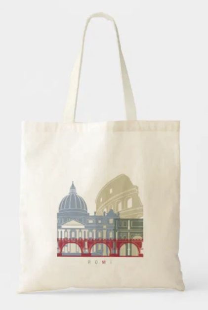 A tote bag with images of Rome landmarks