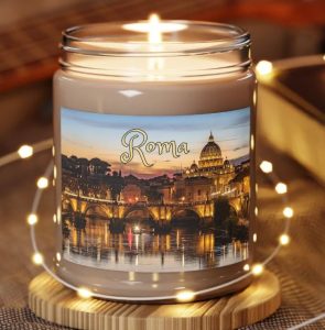 A candle with a label of a landscape from Rome