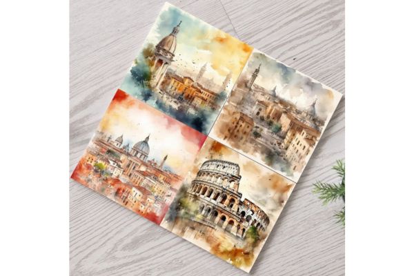 Set of four coasters with paintings from famous sights in Rome