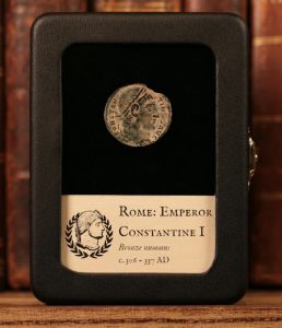 A display with a coin from the Roman empire