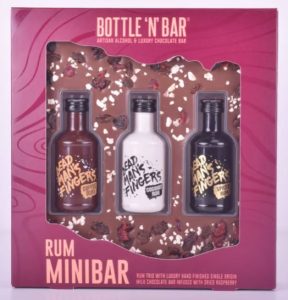 A rum gift set with three bottles made from chocolate and filled with rum