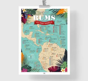 A poster with the map of Latin America and its rum distilleries