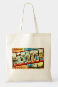 A tote bage with a greating card from Seattle