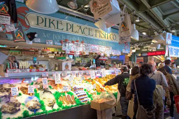 A fish stall ath Pike Place Market in Seattle