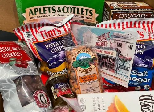 A Seattle food gift basket with typical foods from the city