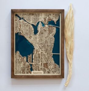 A wooden map of Seattle