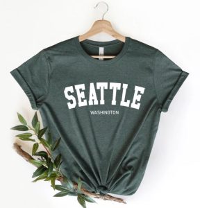 A green t-shirt with the words "Seattle, Washington"