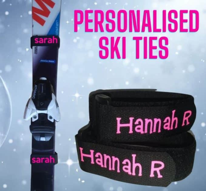 A ski with ties aroud with the name Hannah