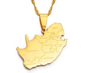 Golden pendant in the shape of the map of South Africa