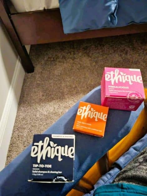 three different packages of ethique toiletery bars
