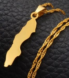 A golden necklace with a pendant in the shape of the map of Sweden