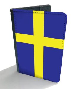 A passport cover with a print of the Swedish flag