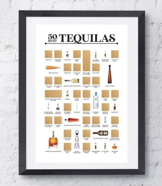 Scratch off poster with bottles of tequila