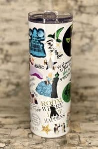 Tumbler with prints of Broadway shows
