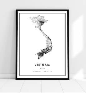 A poster with a map of Vietnam